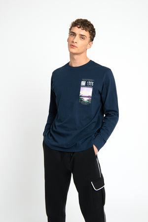 Urban Threads Long Sleeve relaxed Navy front and back scenic graphic tee